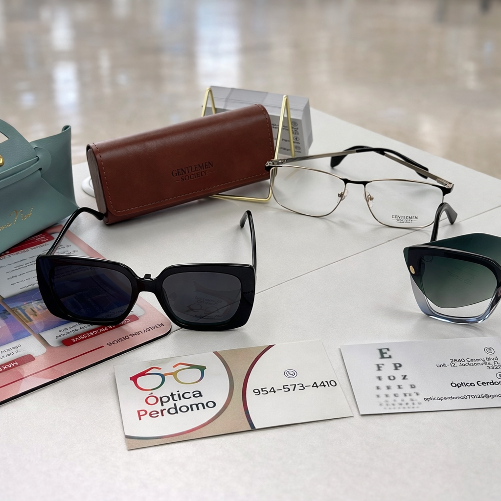 Gafas de sol y lentes graduados en Óptica Perdomo Jacksonville con monturas modernas y estuche